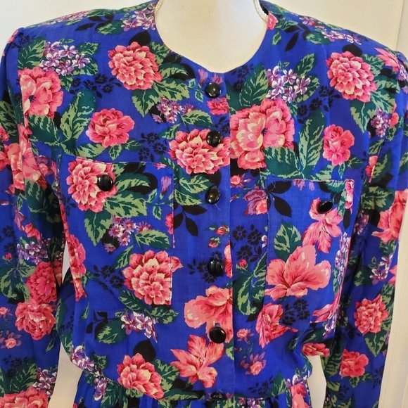 Vintage 80s Blouson Floral Longsleeve Secretary Dress Pockets‎ Blue Sz Small - Picture 2 of 8